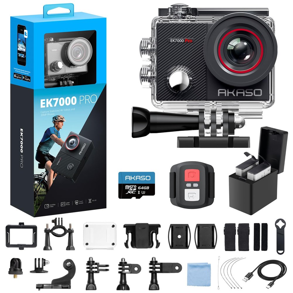 AKASO EK7000 Pro 4K30fps Action Camera with 64GB MicroSDXC U3 Memory Card Accessories Kit Bundle Ultra HD 131FT Waterproof Camera EIS WiFi Remote Control 5X Zoom Underwater Camera