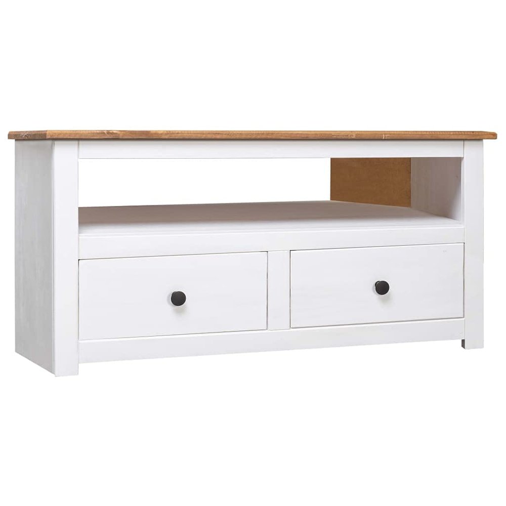 vidaXL Solid Pinewood Corner TV Stand - Scandinavian Style, White and Natural Wood Color - with 2 Drawers and Open Compartment - 36.6"x19.3"x19.3"