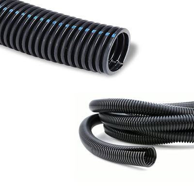 Kable Kontrol Flame Retardant Split Wire Loom Tubing 1-1/4 Inch 200 Ft Long - Black Self-Extinguishing Wire Conduit Cover for Cords - Corrugated Tubing and Protector  Durable Polypropylene