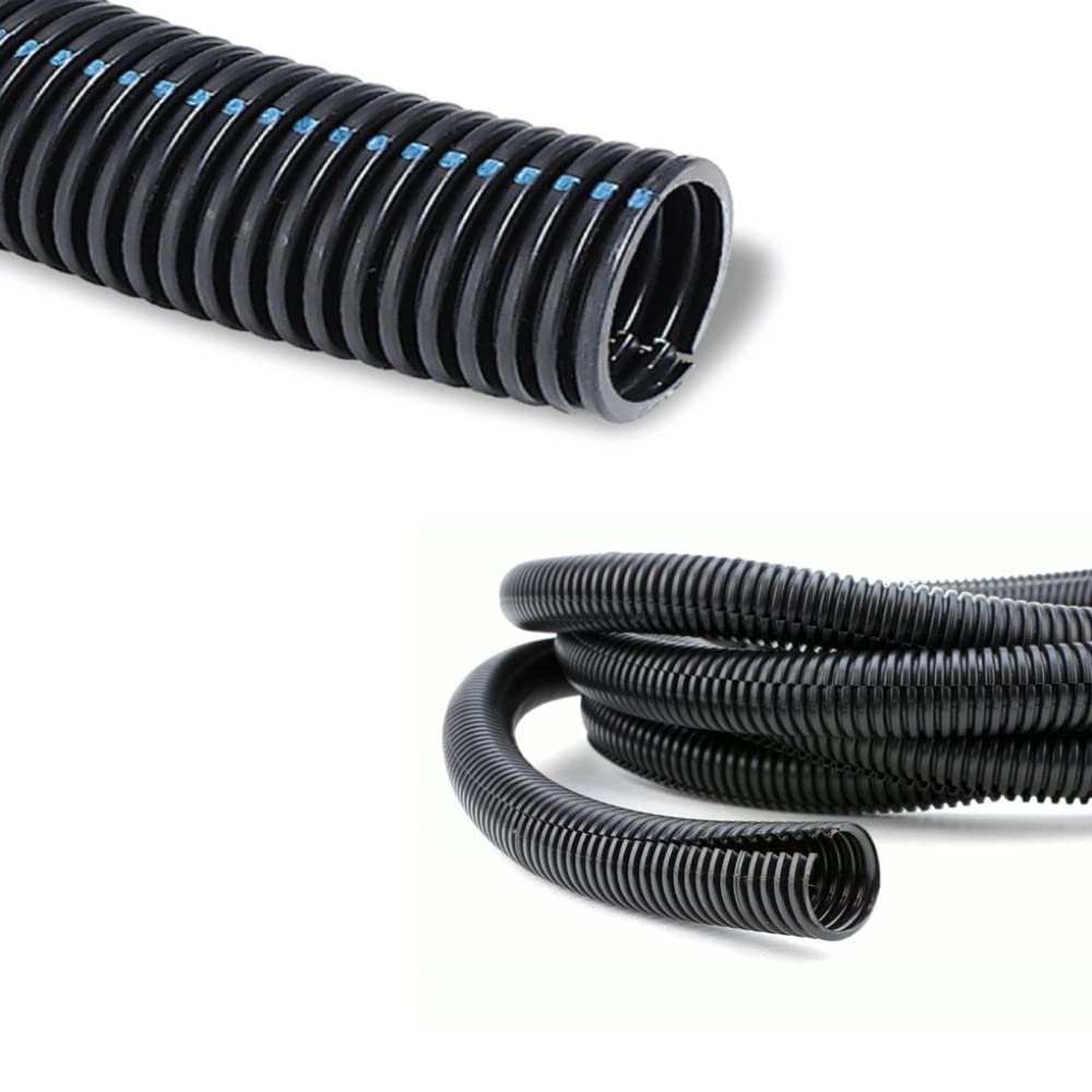 Kable Kontrol Flame Retardant Split Wire Loom Tubing 1-1/4 Inch 200 Ft Long - Black Self-Extinguishing Wire Conduit Cover for Cords - Corrugated Tubing and Protector  Durable Polypropylene