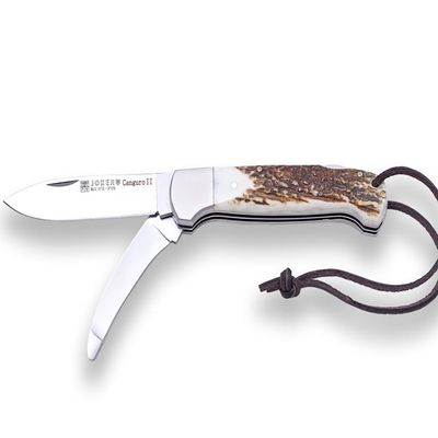 Joker Multifunction Hunting pocket folding Knife Canguro II 127, 3.14 inches mova Stainless Steel Blade + Skinning Blade, Olive Wood Handle or Stag Horn, Fishing Tool, Hunting, Camping and Hiking (Stag Horn)