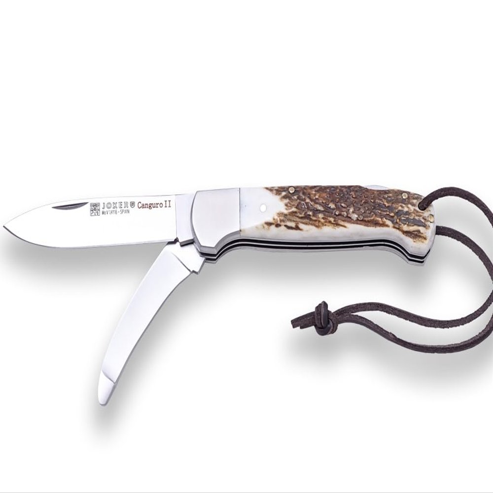 Joker Multifunction Hunting pocket folding Knife Canguro II 127, 3.14 inches mova Stainless Steel Blade + Skinning Blade, Olive Wood Handle or Stag Horn, Fishing Tool, Hunting, Camping and Hiking (Stag Horn)