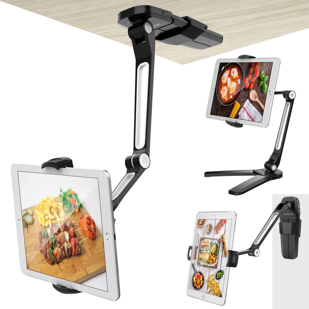 AboveTEK iPad Wall Mount, 3 in 1 Highflex 360 Under Cabinet iPads Mount for Kitchen, Tablet Celling Under Counter Holder, Kitchen Tablet Mount Fits 4.7" to 13.5" iPad, mini, Air, Surface Pro - Black
