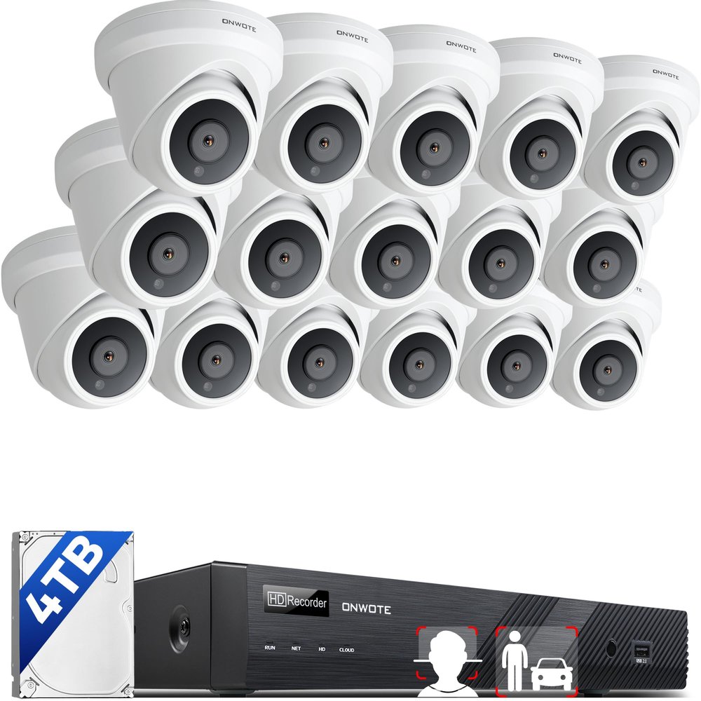ONWOTE 16 Channel 4K PoE Security Camera System, Face Recognition & AcuSearch, AI Detection, 12MP 16CH Commercial NVR 4TB, 16x 8MP 134 IP Cameras with Audio, Total 1280ft Cables, CCTV for Business