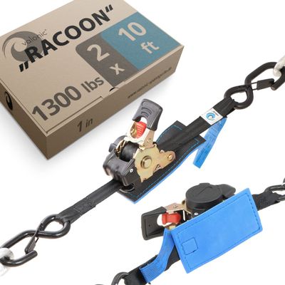 valonic Racoon - Retractable Ratchet Straps - 1300 lbs, with Protection pad and Hooks, 10 ft x 1 in, 2 Pack Black - Boat tie Down Straps