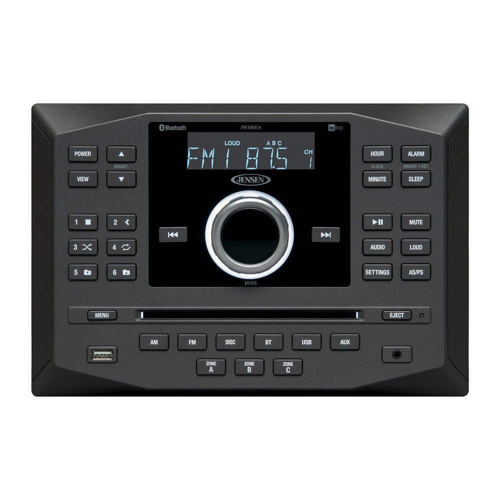Jensen JWM62A AM|FM|DVD|CD|USB|AUX|App Ready Bluetooth Wallmount Stereo w/ App Control, 3-Speaker Zones / 8 Speaker Output 8X 6 Watt, Receives Bluetooth Audio (A2DP) & Controls (AVRCP) from Devices