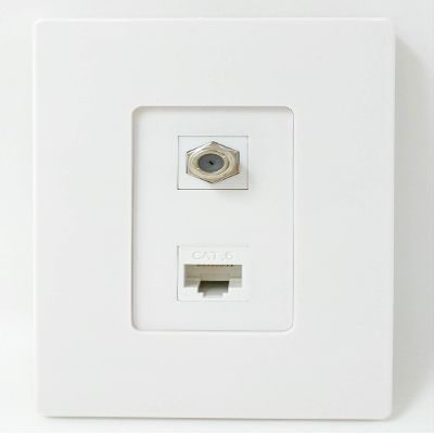 RiteAV - 1 Coax Cable TV F and 1 Cat6 White Ethernet Wall Plate Screwless Decorative - White