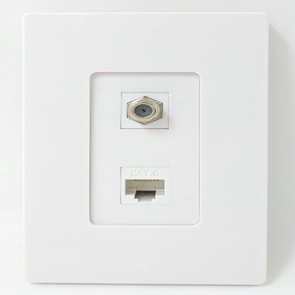 RiteAV - 1 Coax Cable TV F and 1 Cat6 White Ethernet Wall Plate Screwless Decorative - White