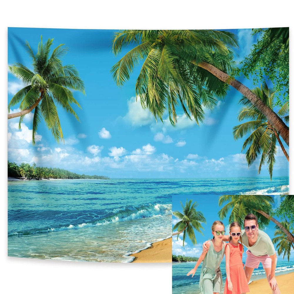 RUINI Polyester Tropical Beach Photography Backdrop Summer Palm Trees Blue Sea Sky Sunshine Luau Themed Party Decorations Banner 8x6FT