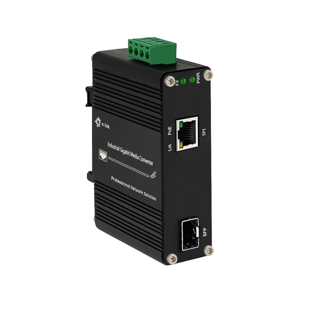 E-link Industrial Gigabit 60W PoE Media Converter Hardened Ultra PoE++ Ethernet Fiber Media Converter 100/1000Base-SX SFP Din Rail Mount Aluminum Housing -40 75 C