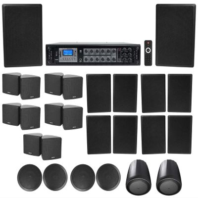 Rockville RCS350-6 350 Watt 6 Zone 70v Bundle with CC65T 6.5" Commercial 70v Ceiling, 70B Black 5.25" Wall, 60w Pendant & Commercial Swivel Speakers (5 Item)