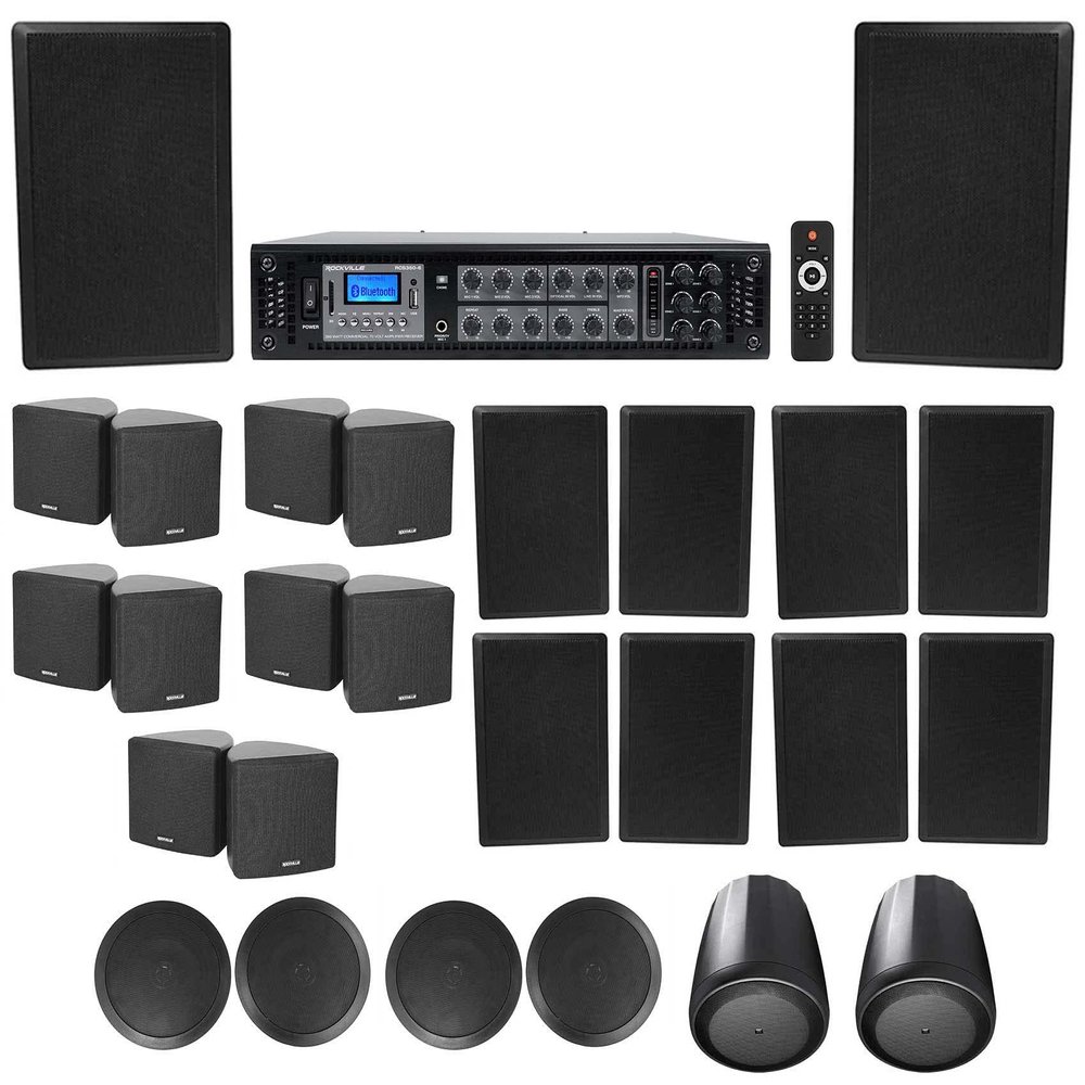 Rockville RCS350-6 350 Watt 6 Zone 70v Bundle with CC65T 6.5" Commercial 70v Ceiling, 70B Black 5.25" Wall, 60w Pendant & Commercial Swivel Speakers (5 Item)