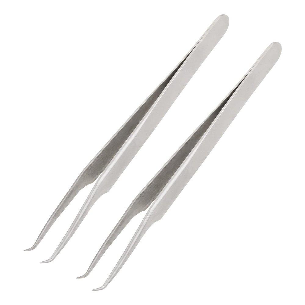 Utoolmart 51-SA Precision Stainless Steel Micro-magnetic Curved Pointed Tip Tweezer Silver Tone with Card Bag 2 pcs