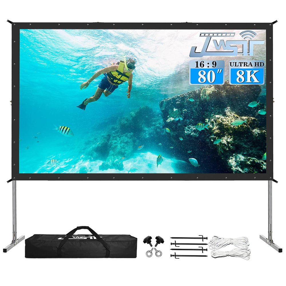 JWSIT Projector Screen and Stand, 80 inch Outdoor Movie Screen-Upgraded 3 Layers PVC 16:9 Outdoor Projector Screen,Portable Video Projection Screen with Carrying Bag for Home Theater Backyard