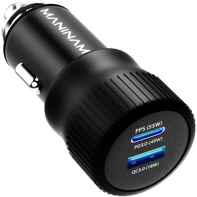 MANINAM All-Metal 73W Super Fast USB-C Car Charger M113 PPS PD 3.0 Dual-Port Fast Charger 55W+18W for Samsung S24 S23 S22 Note 10 Plus iPhone 15 14 MacBook Laptop No Cable, US Brand Warranty