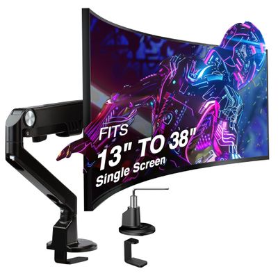 AVLT Single 13"-38" Monitor Arm Desk Mount fits One Flat/Curved/Ultrawide Screens Full Motion Height Swivel Tilt Rotation Adjustable - VESA/C-Clamp/Cable Management - Black