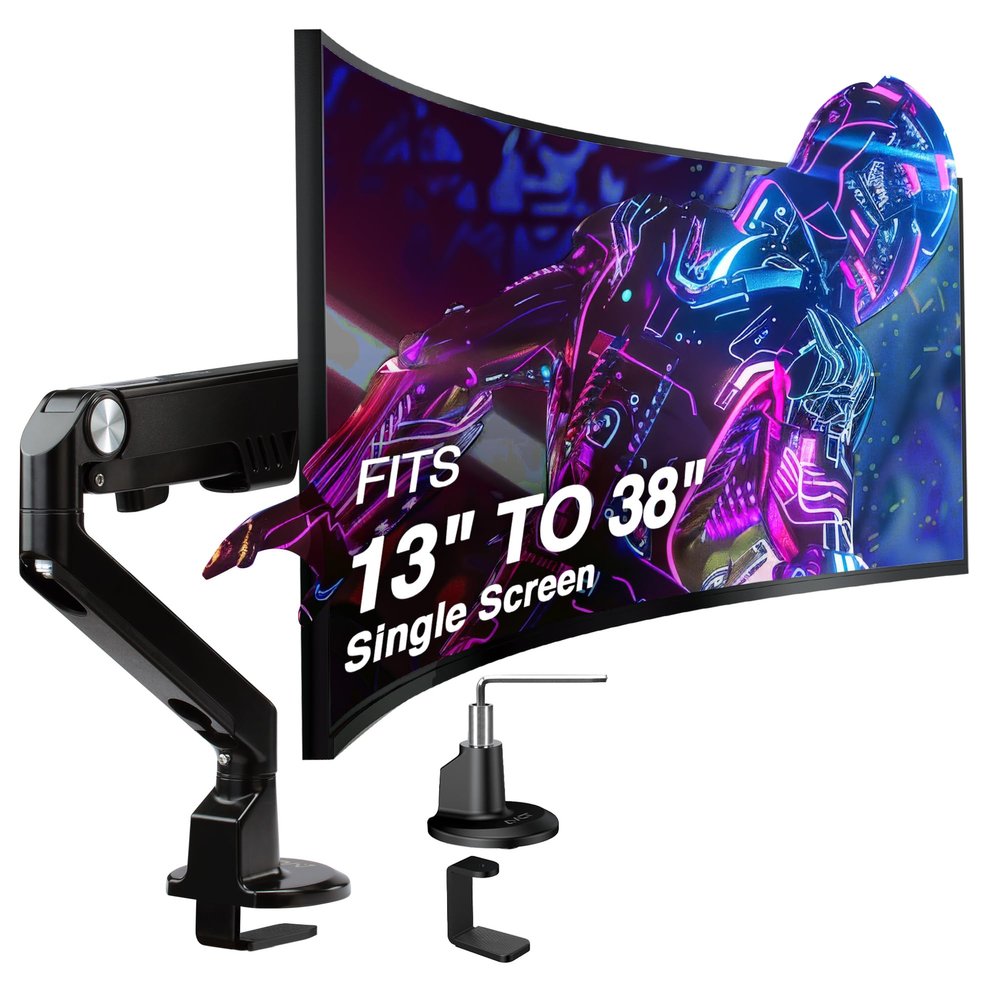 AVLT Single 13"-38" Monitor Arm Desk Mount fits One Flat/Curved/Ultrawide Screens Full Motion Height Swivel Tilt Rotation Adjustable - VESA/C-Clamp/Cable Management - Black