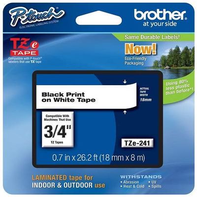 Brother Genuine P-Touch TZE-241 Tape, 3/4" (0.70") Standard Laminated P-Touch Tape, Black on White, Perfect for Indoor or Outdoor Use, Water Resistant, 26.2 Feet (8M), 14 Pack