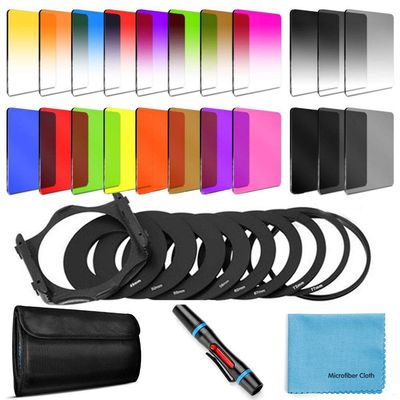 24 PCS Square Filter Kit ND Filters Graduated Full Color Lens Filter Set for Cokin P Series with Adapter Rings(49-82mm) Filter Holder Lens Cleaning Pen and Other Accessories for DSLR Cameras