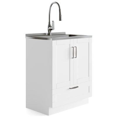 SIMPLIHOME Reed All-in-One 28 inch Wide Utility Sink and Laundry Cabinet in Pure White Finish, Transitional Stainless Steel Sink Cabinet for Laundry Rooms with High-Arch Chrome Faucet and Storage