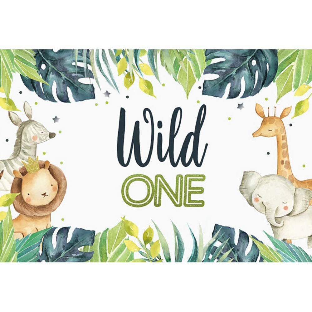 DORCEV 10x7ft Wild One Theme Backdrop Jungle Safari Animal Theme 1st Birthday Party Photography Background Tropical Forest Leaf Elephant Lion Giraffe Party Cake Table Banner Child Photo Studio Props