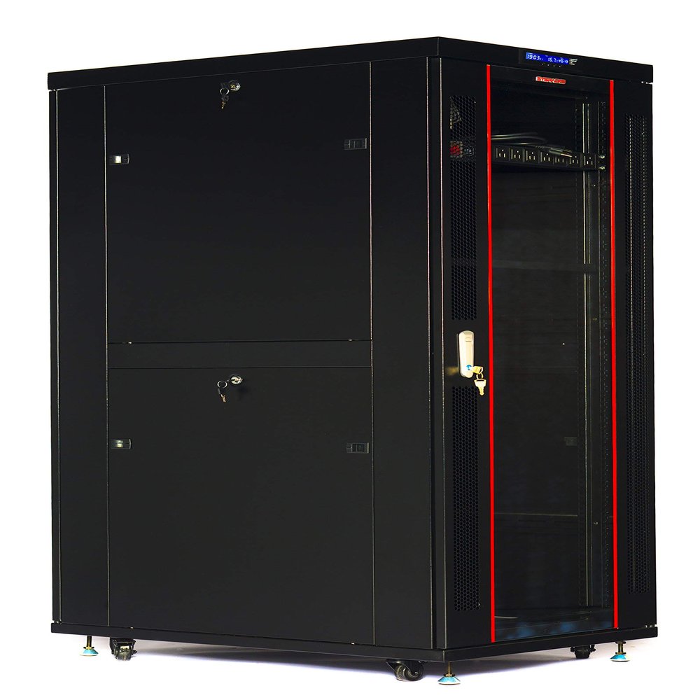 32U32in Depth Floor Standing Server Rack Cabinet. Glass Door (Temperature Control Panel+Sensor, 4 Fans,8way PDU(ROHC),Spring Lunch Looking Doors, 4 castors, 1 Shelf, 3 Brash Cable Entry-Free!!!)