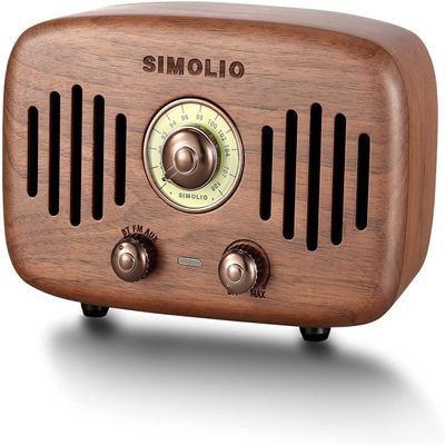 SIMOLIO Vintage Radio Retro Bluetooth Speakers, Loud and Powerful 2x8W Ultimate Stereo Sound, Nature Black Walnut Wooden Speaker with FM Radio & AUX, Bluetooth CSR Chip, HD Sound and Bass, Gift Ideas