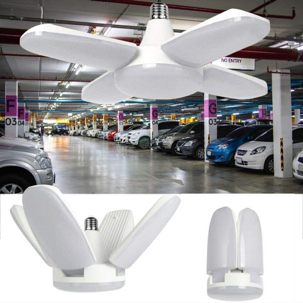 Folding LED Garage Lights Ceiling Light 80W Daylight 8000LM LED Bulbs CRI 80 Shop Light Working Basement Light with 4 Adjustable Panels Trilight Fixtures E26 E27 for Workshop Barn Ware (Warm White)