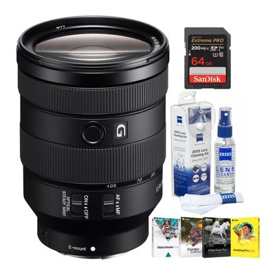 Sony FE 24-105mm f/4 G OSS Full-Frame E-Mount Lens Bundle with The Corel Photo, Video, and Art Suite, Cleaning Kit and 64GB Extreme Pro SDXC UHS-I Memory Card (4 Items)