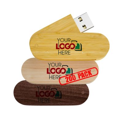 Possibox Custom Swivel Wooden USB 2.0 Flash Drive 32GB Imprinted or Engraved with Your Logo - Bulk Wholesale Promotional - 200 Pack