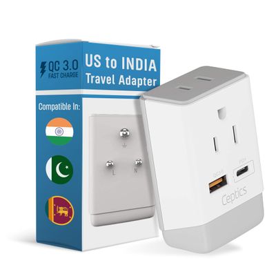 Ceptics US to India Plug Adapter, Type D Plug Adapter QC 3.0 & PD, Safe Dual USB & USB-C 18W, Fast Charging - Powerful 2 USA Sockets - Use in Pakistan Nepal Sri Lanka - AP-10