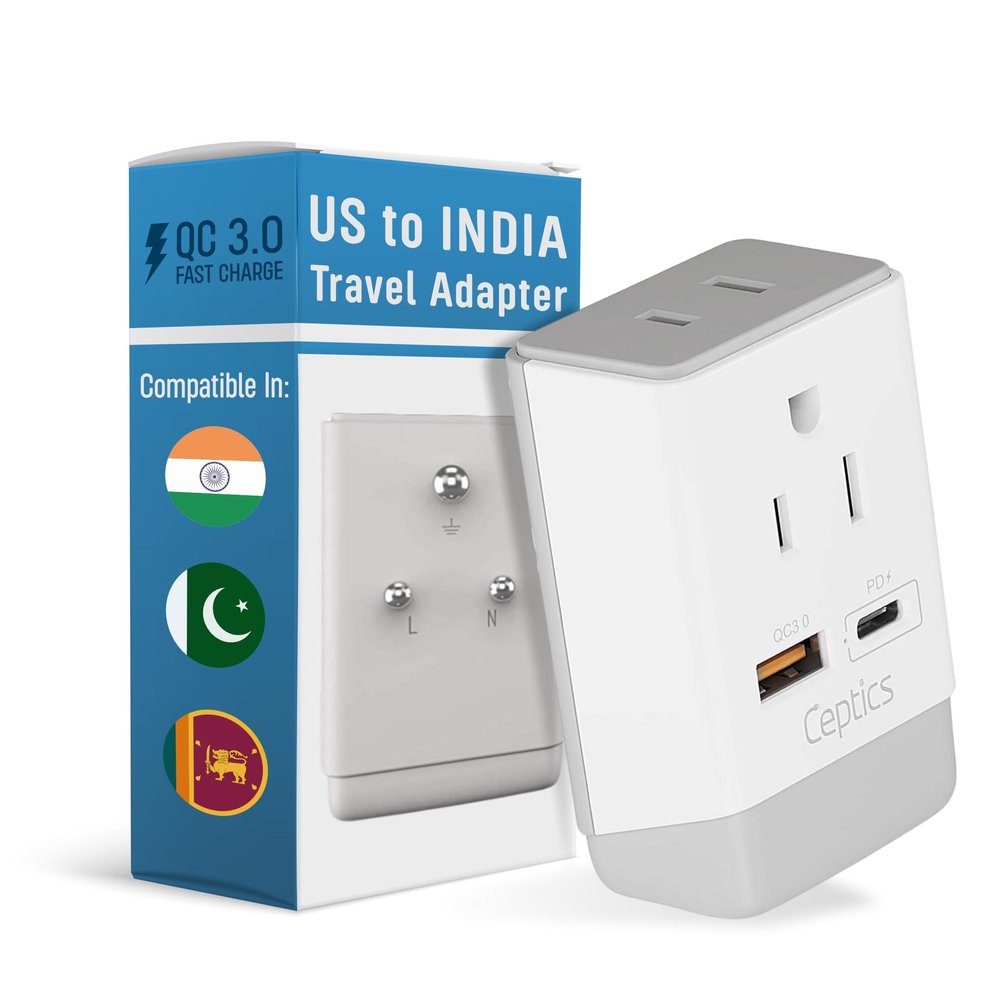 Ceptics US to India Plug Adapter, Type D Plug Adapter QC 3.0 & PD, Safe Dual USB & USB-C 18W, Fast Charging - Powerful 2 USA Sockets - Use in Pakistan Nepal Sri Lanka - AP-10