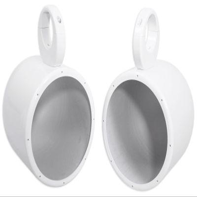 Rockville MAC80W Bundle: (2) White Aluminum 7.7 in Wakeboard Tower Speaker Pod Enclosures, (2) MAC360W 360 Swivel Surface or Tower Mount Clamps, 4-Items