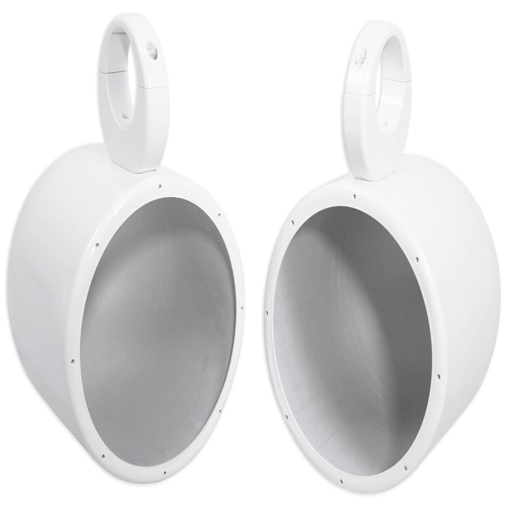 Rockville MAC80W Bundle: (2) White Aluminum 7.7 in Wakeboard Tower Speaker Pod Enclosures, (2) MAC360W 360 Swivel Surface or Tower Mount Clamps, 4-Items