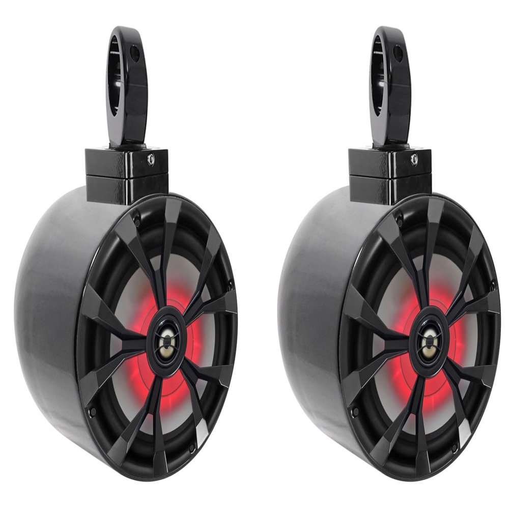 Rockville RKL80MB Bundle: (2) 8" 900-Watt 2-Way Marine Boat Speakers with LED, (2) MAC80B Black Aluminum Wakeboard Tower Pods, (2) MAC360B 360 Swivel Surface Mount Clamps, 6-Items
