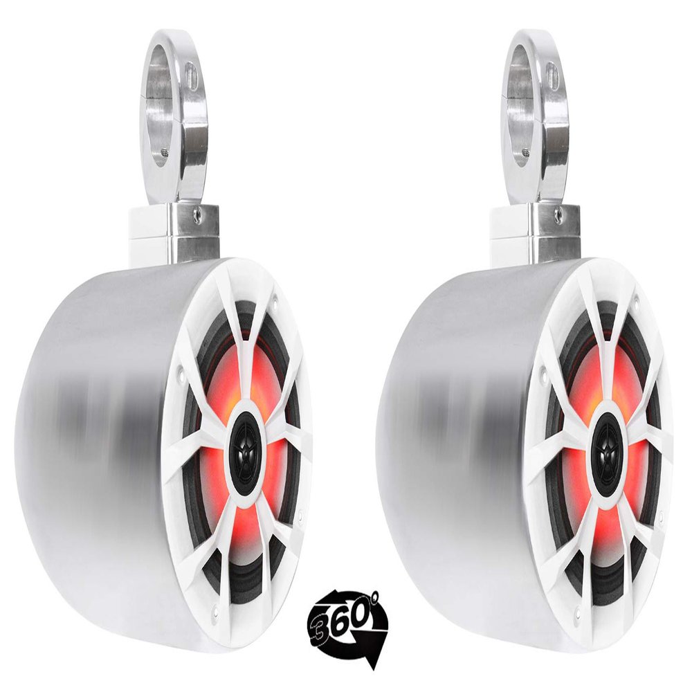 Rockville RKL65MBW Bundle: (2) 6.5-in 700W Marine Boat Speakers with LED and Black/White Grilles, (2) MAC65S Polished Silver Aluminum Tower Enclosures, (2) MAC360C 360 Swivel Mount Clamps, 6-Items