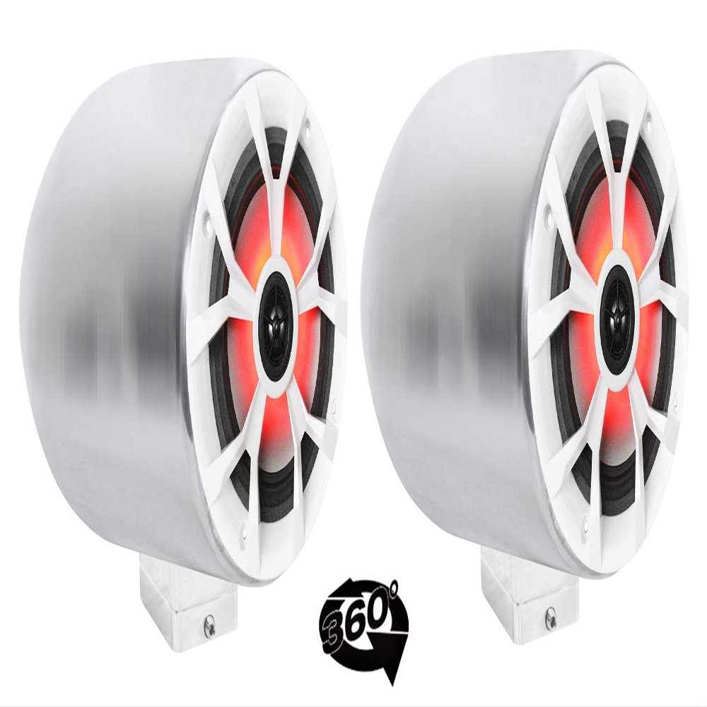 Rockville MAC65S Bundle: (2) 6.5" Aluminum Wakeboard Tower Speaker Enclosures, (2) RKL65MBW 700-Watt Marine Speakers with LED & Grilles, (2) MAC360C 360 Swivel & Surface Mount Clamps, 6-Items