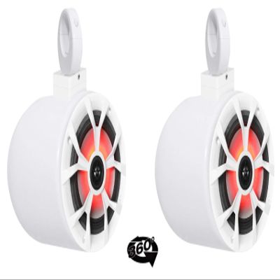 Rockville RKL65MBW Bundle: (2) 6.5 in 700-Watt Marine Speakers, (2) MAC65W Aluminum Wakeboard Tower Pod Enclosures in White, (2) MAC360W 360 Degree Swivel Clamps with LED Grilles, 6-Items