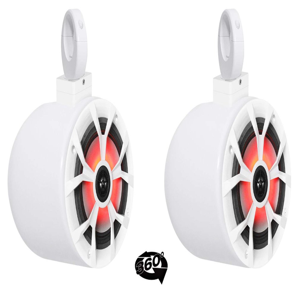 Rockville RKL65MBW Bundle: (2) 6.5 in 700-Watt Marine Speakers, (2) MAC65W Aluminum Wakeboard Tower Pod Enclosures in White, (2) MAC360W 360 Degree Swivel Clamps with LED Grilles, 6-Items