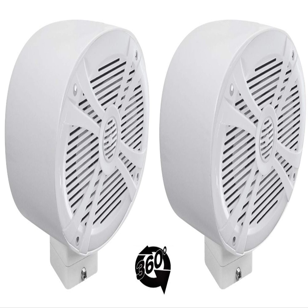 Rockville RMSTS69W Bundle: (2) 6x9 in 1000-Watt Waterproof Marine Speakers, (2) MAC69W White Aluminum Wakeboard Tower Pod Enclosures, (2) MAC360W 360-Degree Swivel Surface Mount Clamps, 6-Items
