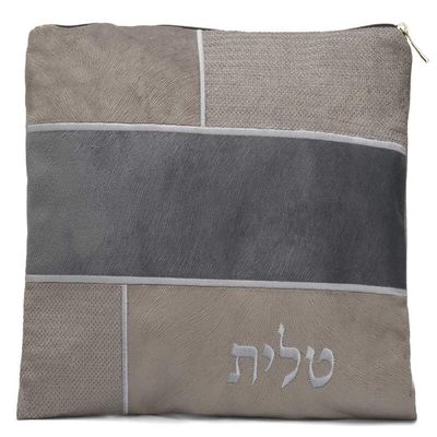 Faux Leather Tefillin Bag Three Tone Gray Shades Design with Corner Embroidery - 9.5 x 8.5 Inch