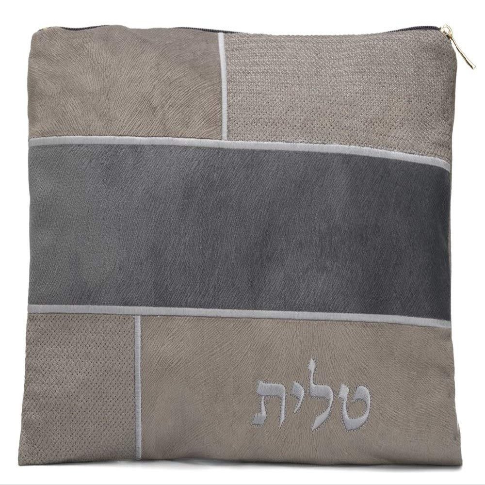 Faux Leather Tefillin Bag Three Tone Gray Shades Design with Corner Embroidery - 9.5 x 8.5 Inch