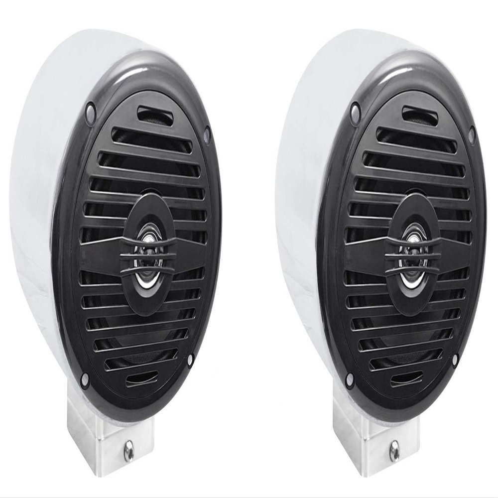 Rockville MS525B Bundle: (2) MAC525S 5.25 in Polished Metal Pod Enclosures, (2) MAC360C 360 Degree Swivel Surface Mount Chrome Clamps, MS525B 2-Way 400-Watt IP56 Waterproof Boat Speakers, 3-Items
