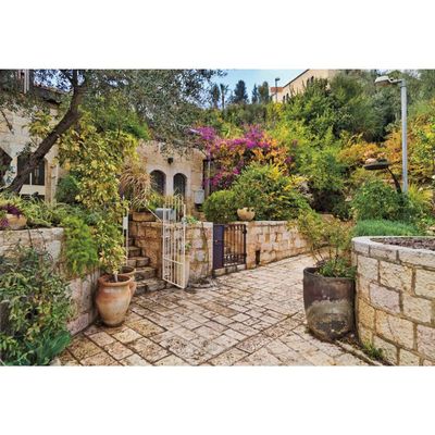 CSFOTO 12x8ft Jerusalem Old House Narrow Street Backdrop Jerusalem Backdrop Spring Flowers Trees Background for Photography Wedding Party Supplies Judaism Event Decor Banner