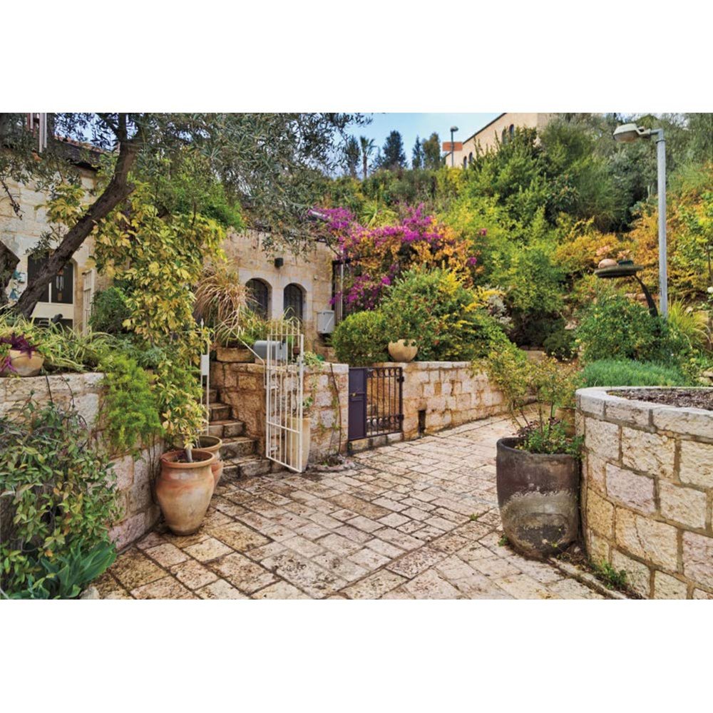CSFOTO 12x8ft Jerusalem Old House Narrow Street Backdrop Jerusalem Backdrop Spring Flowers Trees Background for Photography Wedding Party Supplies Judaism Event Decor Banner