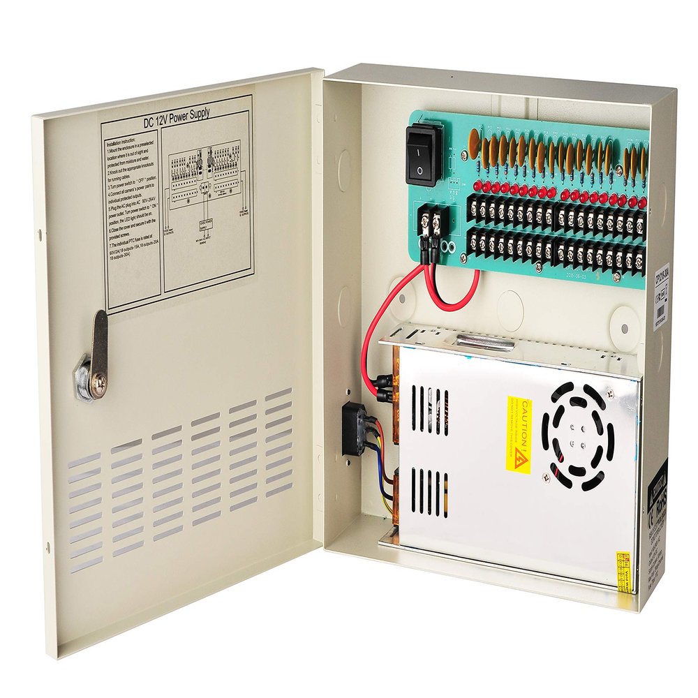 EVERSECU 18 Channel DC12V 30 Amp Reset Fuse CCTV DC Distributed Power Box with AC Plug and Lock for Security Cameras, DVRs, CCTV Power Supply