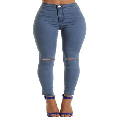 Andongnywell Womens Knee-Ripped Pants Mid Rise Distressed Jegging Slit Knee Jeans Ripped Stretchy Pencil Skinny Pants (Blue,XX-Large)