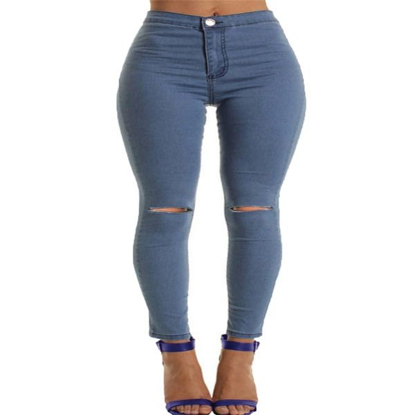 Andongnywell Womens Knee-Ripped Pants Mid Rise Distressed Jegging Slit Knee Jeans Ripped Stretchy Pencil Skinny Pants (Blue,XX-Large)