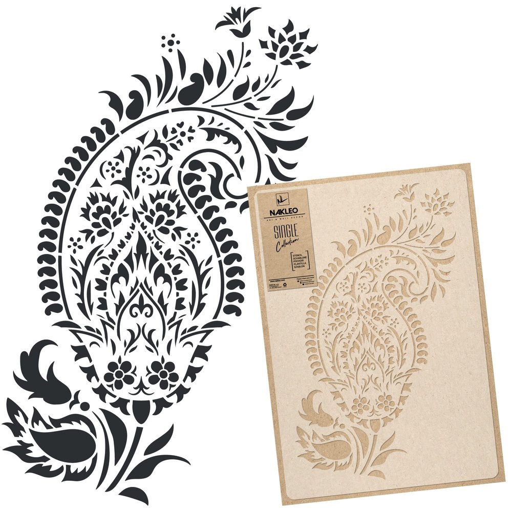 NAKLEO Reusable Plastic Wall Stencil - 43x64cm / 17" x 25" - Paisley Turkish Oriental Floral - Large Wallpaper Pattern Painting DIY Art Craft Template - Fabric Furniture Wood Canvas