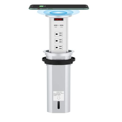 Automatic Raising Surge Protector Pop up Outlet Retractable Hidden Recessed Power Strip Power Socket 2 USB Charging Stations and 3 AC Plug with Wireless Charger for Kitchen Island, Conference Table